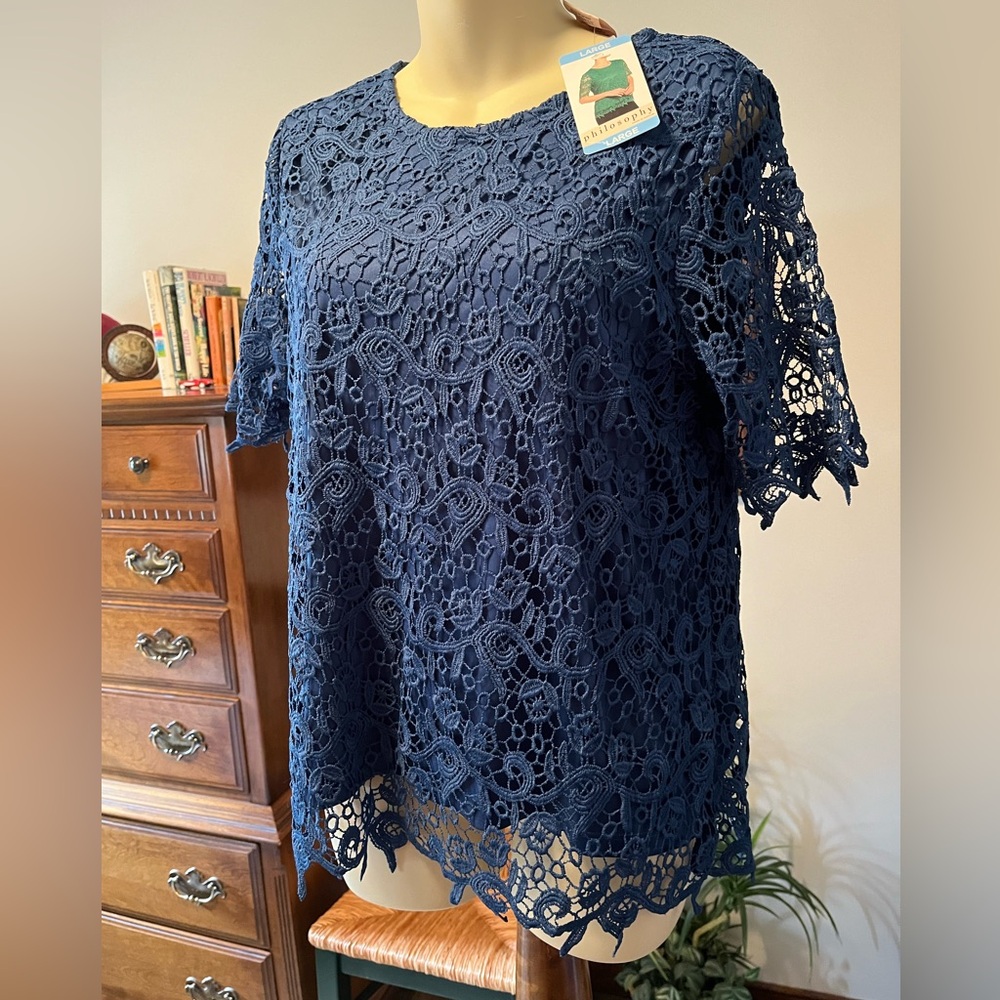 New WT, Denim Blue, Short Sleeve, Lace Top